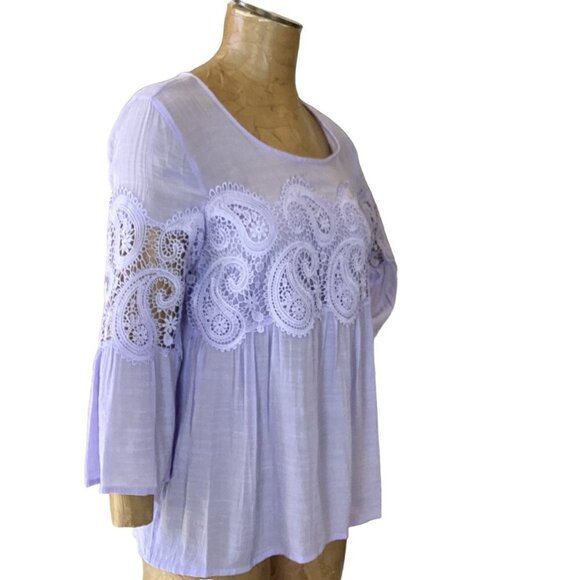Fyve BOHO Lagenlook Top Bell Sleeve Crochet Accent Sz M Purple 253G - Picture 3 of 8